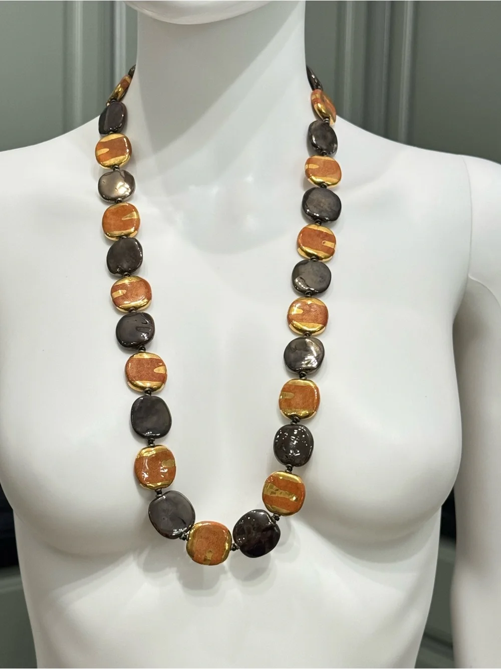 Orange Gold & Smoky Brown Beaded Statement Necklace Lobster Clasp